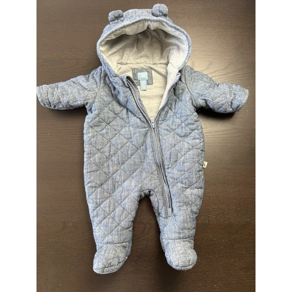 Baby Gap Light Denim Gray Quilted Zip Snowsuit Sleeper w/ Bear Ears 0-3 Months